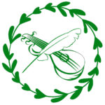 A logo of a lute crossed with a quill, inside a circular vine border.