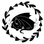A logo of a dragon sleeping among some plants, inside a circular vine border.