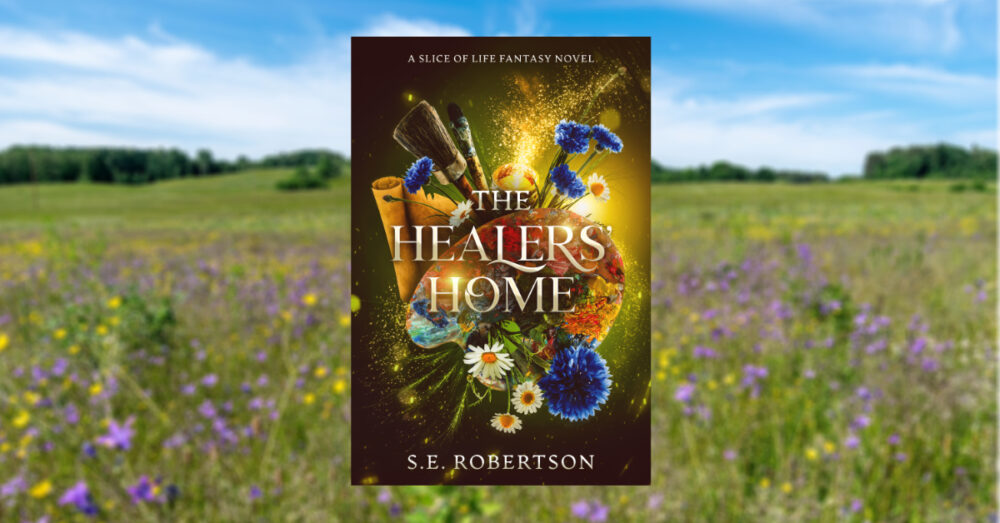 The cover of The Healers' Home, centered on a background of a wildflower meadow.