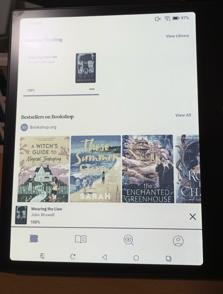 A photo of the Boox screen, on the Bookshop.org app home page. The book covers are a bit grainy and washed-out, but readable.