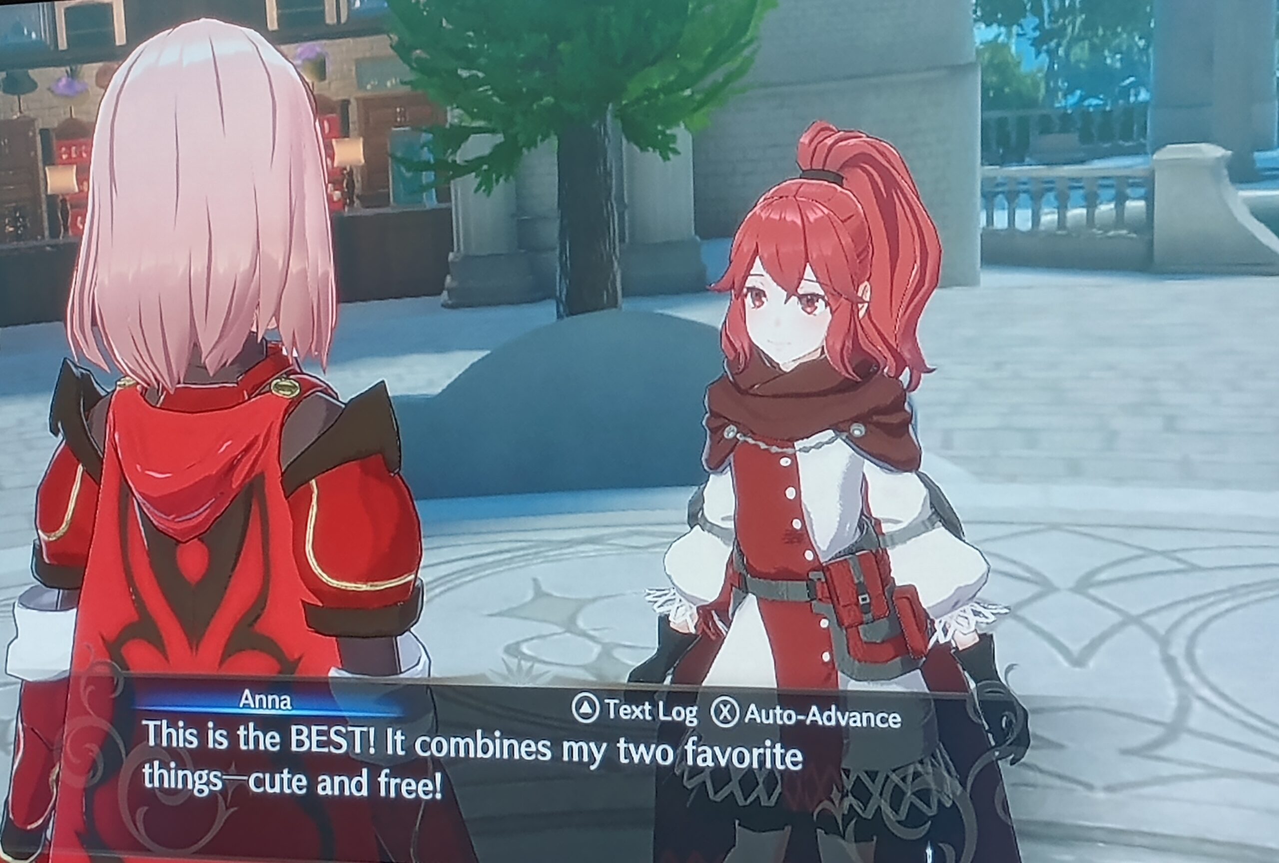 A screenshot from the video game Fire Emblem: Engage, with two characters in conversation. Dialogue box: Anna This is the BEST! It combines two of my favorite things -- cute and free!