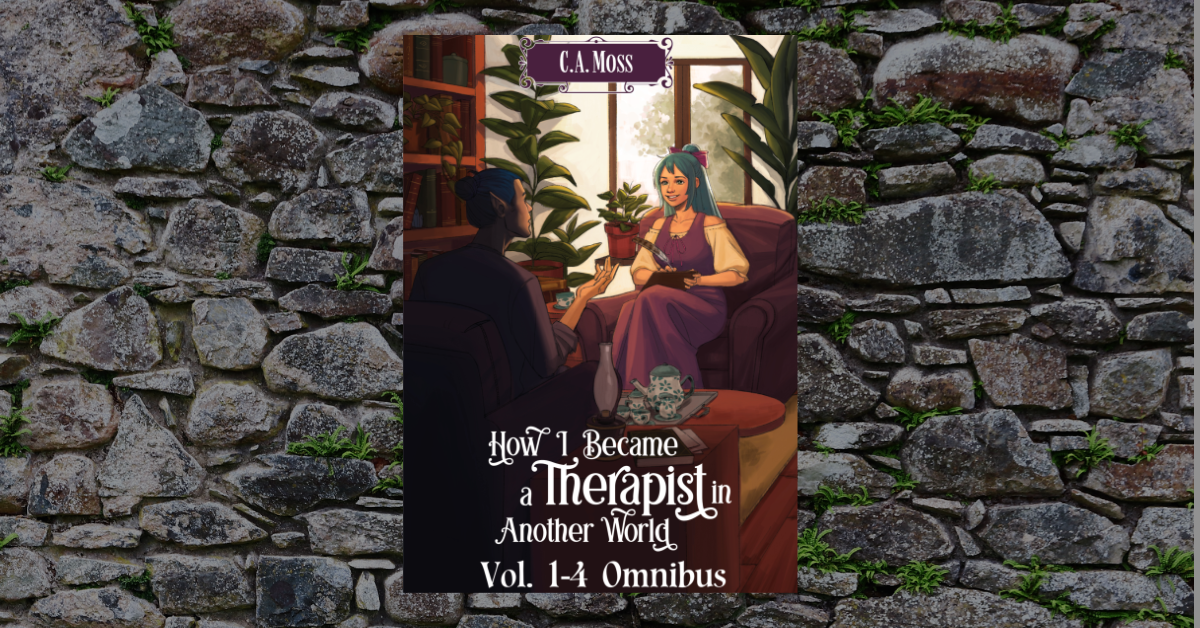 The cover of How I Became a Therapist in Another World vol. 1-4 Omnibus. In it, a woman with blueish-greenish hair takes notes while a male elf, partly in shadow, speaks.