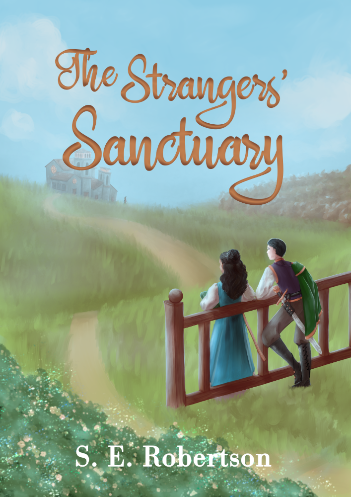 The cover of The Strangers' Sanctuary (art credit: May Barros). A woman in a long blue dress and a man in a cape with a sword both lean against a fence, looking out over a hilly landscape. There is a building just visible over the next hill.