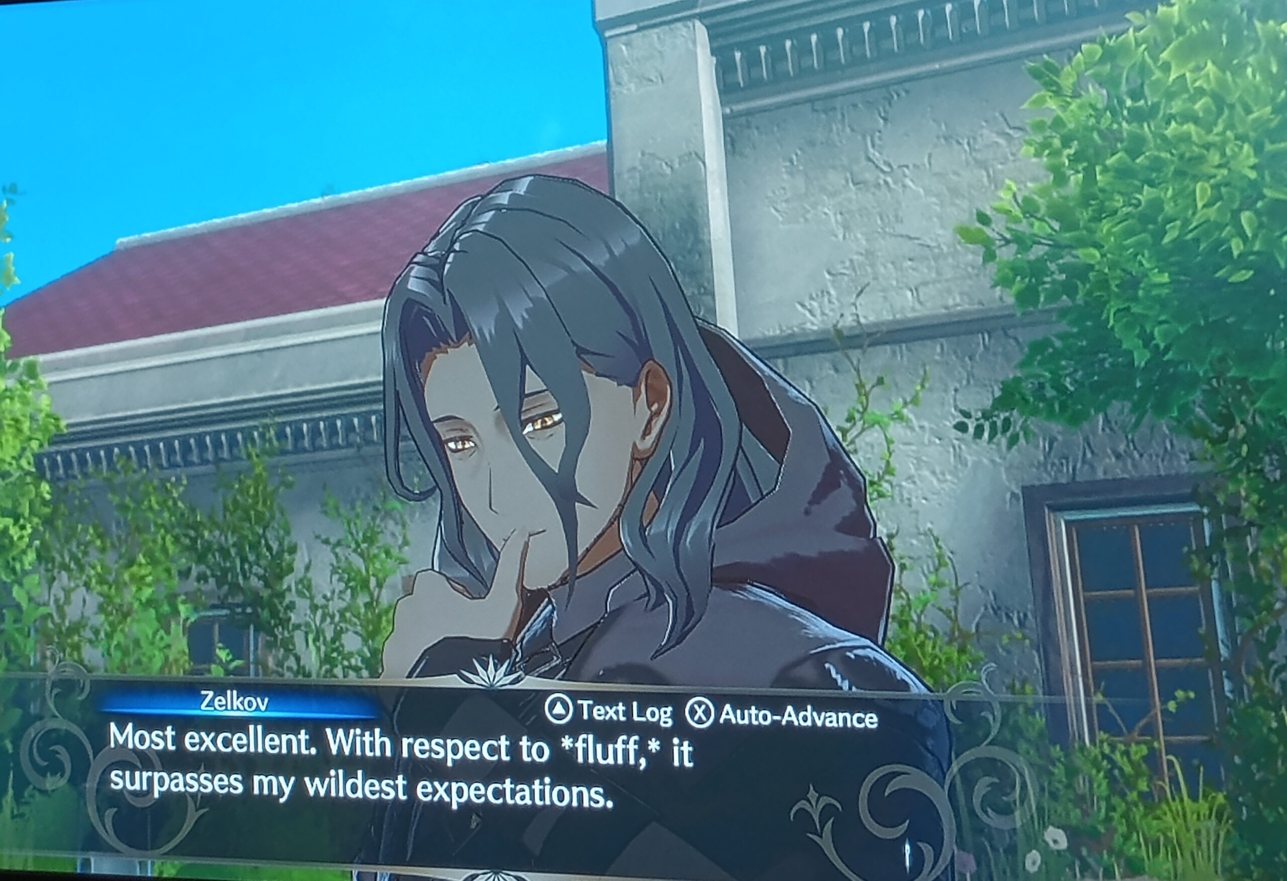 A screenshot from Fire Emblem: Engage. A pretty man in a dark hood looks thoughtful. Dialogue box: Zelkov Most excellent. With respect to *fluff*, it surpasses my wildest expectations.