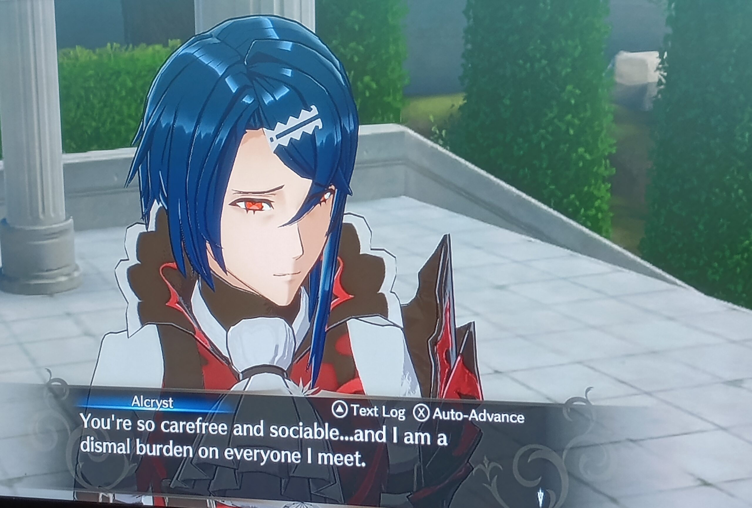 Screencap from the video game Fire Emblem: Engage. A sad-looking young man with blue hair is speaking. Text box: Alcryst You're so carefree and sociable...and I am a dismal burden on everyone I meet.