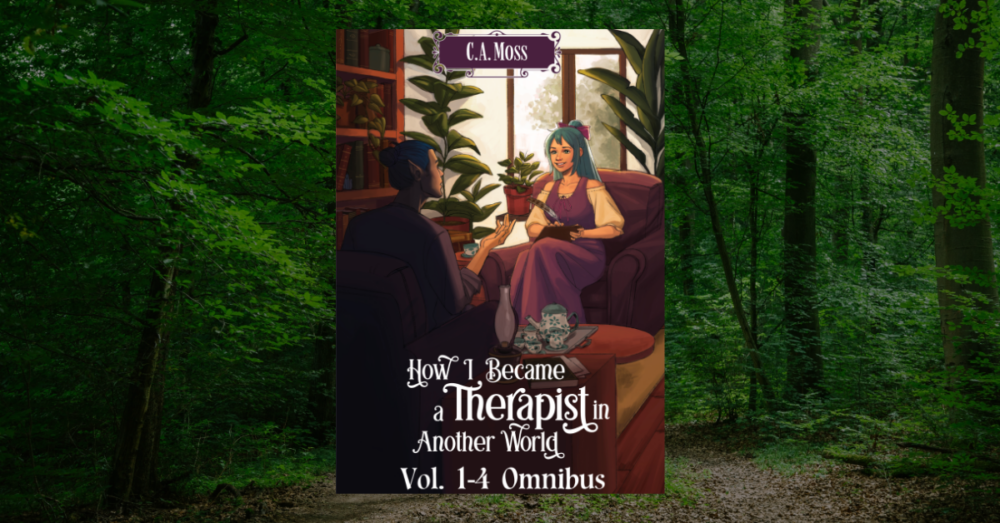 The cover of How I Became a Therapist in Another World vol. 1-4 Omnibus, against a background photo of a wooded path.