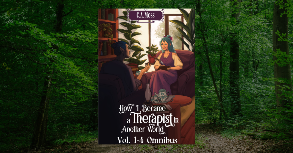 The cover of How I Became a Therapist in Another World vol. 1-4 Omnibus, against a background photo of a wooded path.