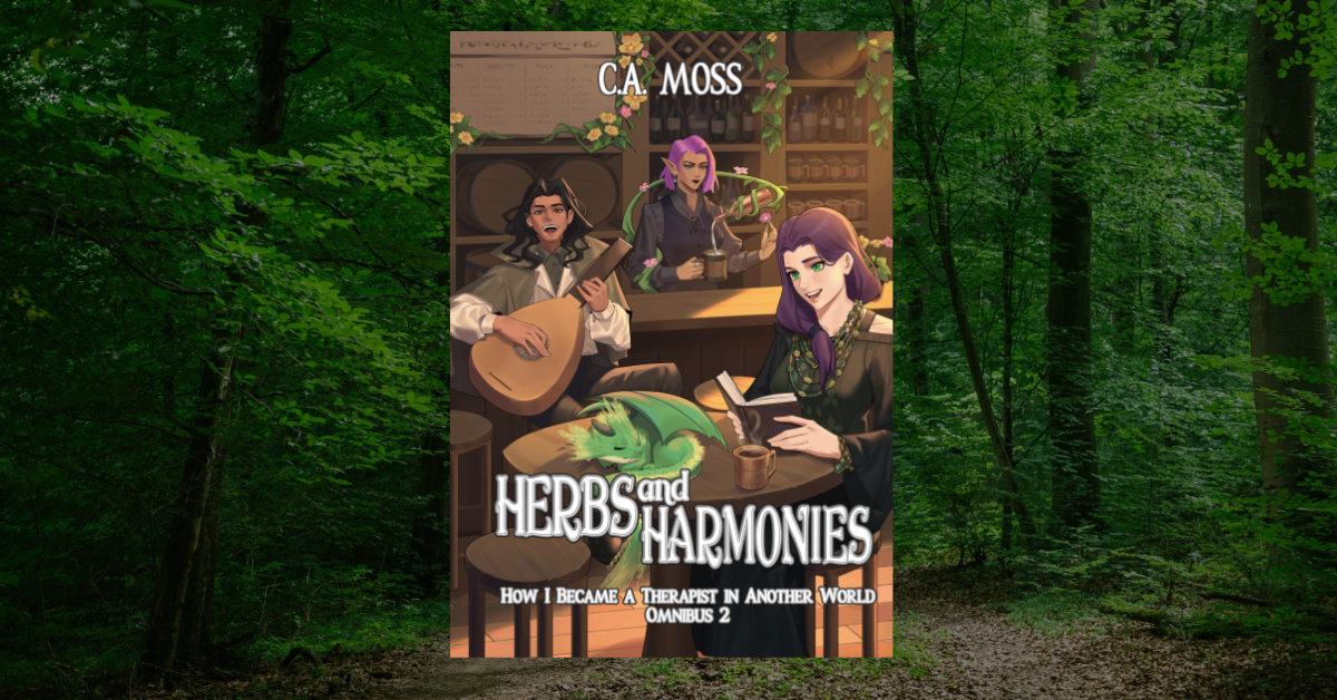 The cover of Herbs and Harmonies: How I Became a Therapist in Another World 2, against a background photo of a wooded path.