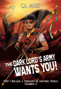 The cover of The Dark Lord's Army Wants You! An elven woman wearing a red and gold tabard holds a black and red banner with a dragon's head emblem, in front of a mostly-red, mountainous background.