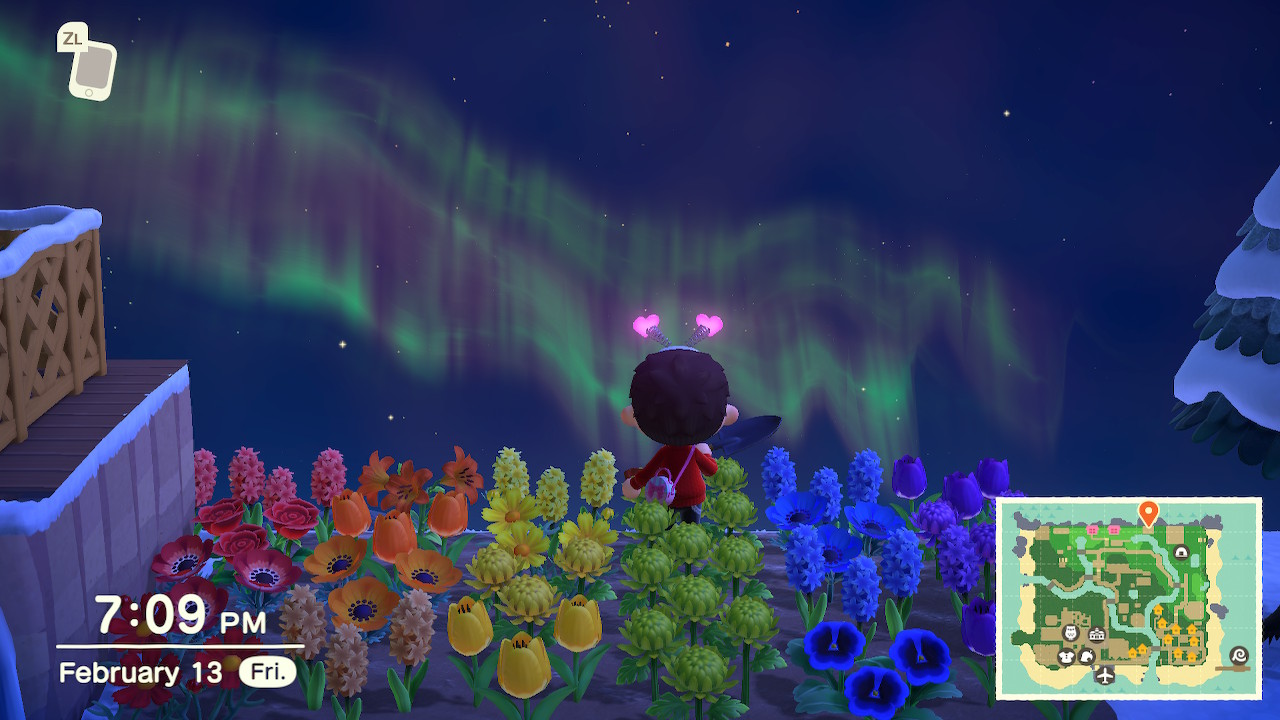 A screenshot from Animal Crossing: New Horizons. A player character with short dark hair stands in a rainbow-colored field of flowers, looking up at an aurora.