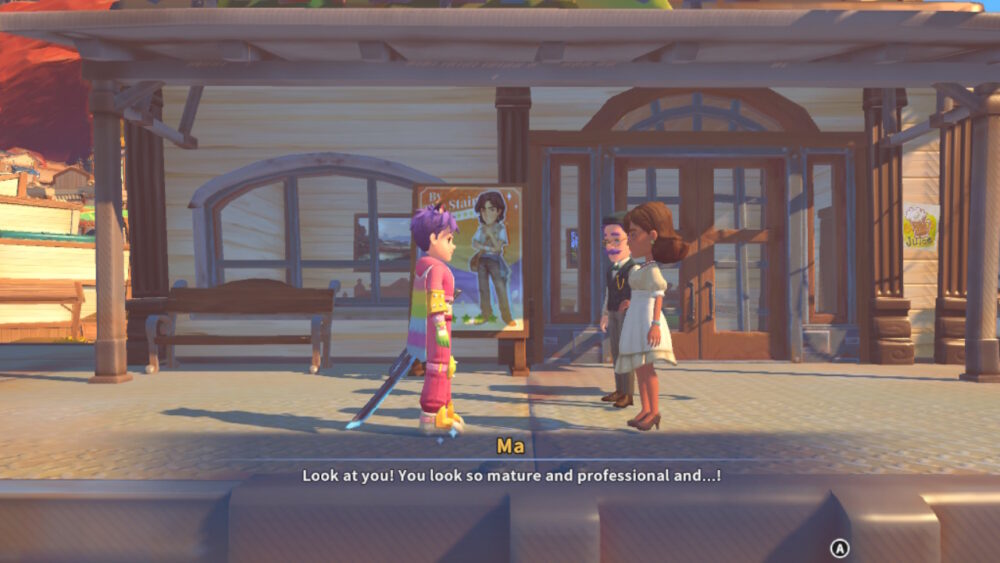 A screenshot from My Time at Sandrock. The main character is wearing a pink jumpsuit, cat ears, and a rainbow cape. Dialogue box: Ma / Look at you! You look so mature and professional and...!