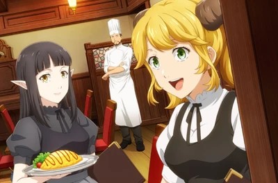 A promo image from Restaurant to Another World. Two servers in maid-ish uniforms are in the foreground; a chef stands in the background.