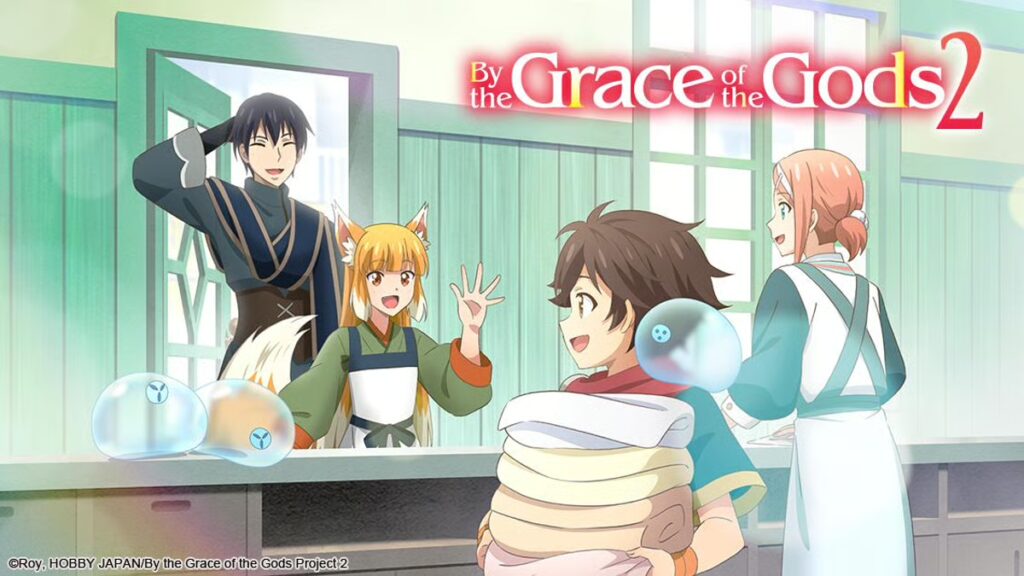 A promo image from By the Grace of the Gods season 2. The young hero carries a stack of laundry while other humans, demihumans, and slimes look on.