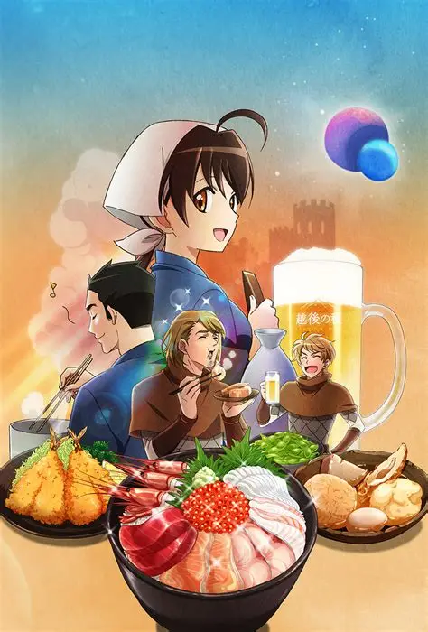 A promo image from Isekai Izakaya "Nobu". The POV character is in the center back, serving a frothy mug of beer; various customers and Japanese dishes occupy the foreground.