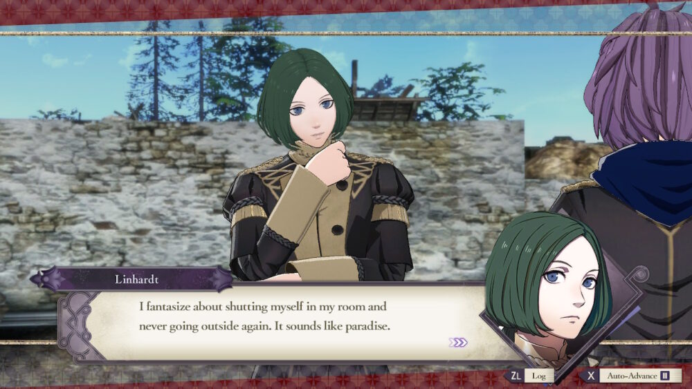 A screenshot from Fire Emblem: Three Houses. A green-haired young man looks thoughtful. Dialogue box: Linhardt / I fantasize about shutting myself in my room and never going outside again. It sounds like paradise.
